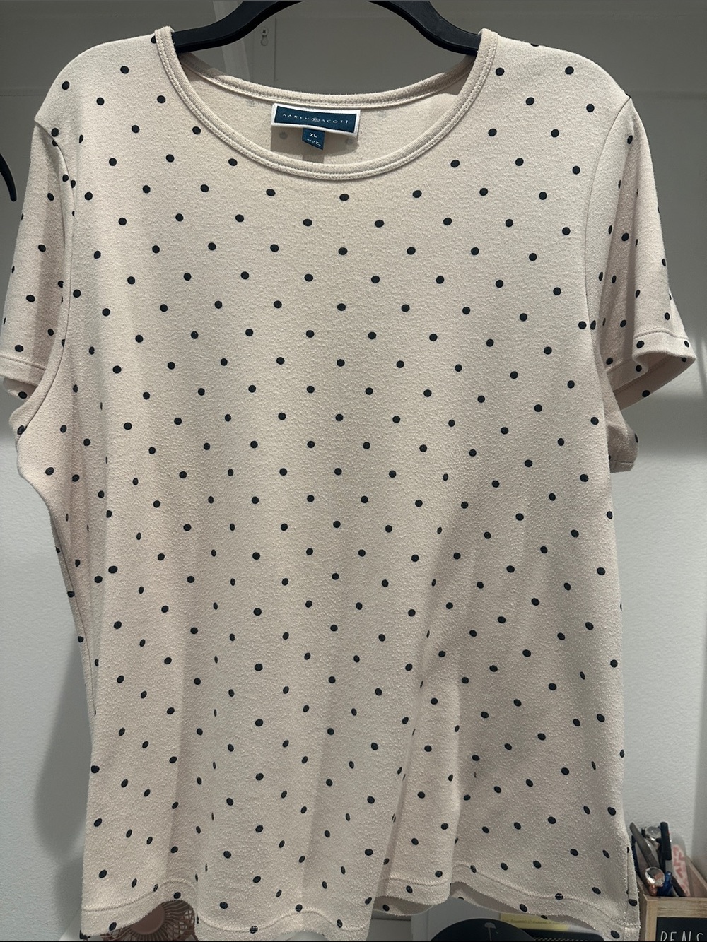 Karen Scott Cream Tee with Black Polka Dots - Short Sleeve